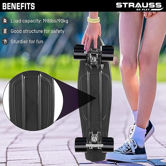 COMING SOON - STRAUSS Aluminium Lastic Cruiser Pw Skateboard|| Anti-Skid Board With Abec-7 High Precision Bearings | Ideal For All Skill Level | 22 X 6 Inch,(Black)